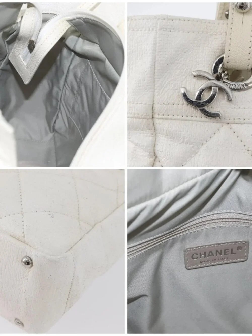 CHANEL Tote Bag Leather Silver White CC Auth BA10495